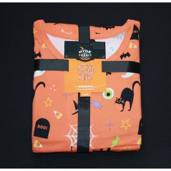 Hyde and EEK Women's 2 Pc Pajamas Orange Halloween Bats Cats Plus Size XXL NEW - Picture 2 of 4